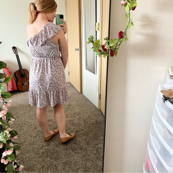NWT Heatherly Women's One Shoulder Dress Blue Floral Tie Waist Ruffle, Sz Large - Picture 6 of 8